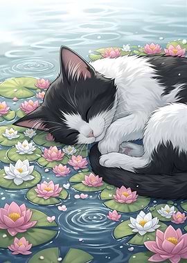 Sleeping Cat in Lily Pond