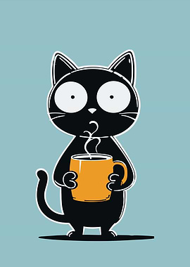 Cartoon Cat with Coffee Mug
