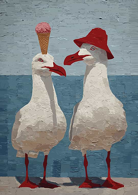 Seagulls with Ice Cream and Hat