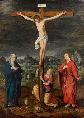 Crucifixion painting with figures and landscape