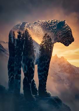 Leopard and Mountain Landscape Double Exposure