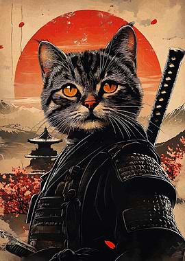 Samurai Cat with Katana and Landscape