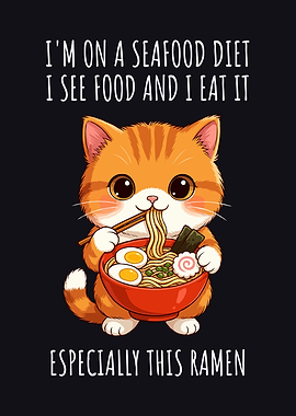 Cat eating ramen cartoon illustration