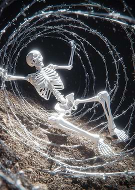 Skeleton Trapped in Barbed Wire Tunnel