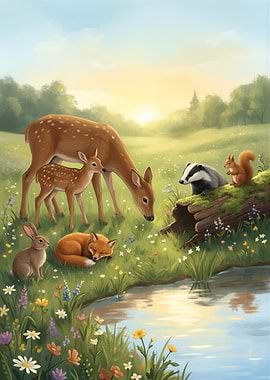 Forest Animals by the Pond
