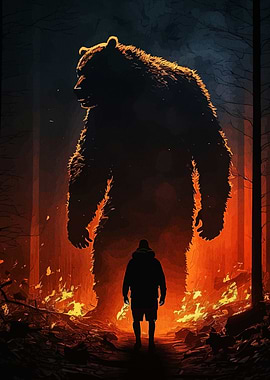 Man Confronting Giant Bear- Forest