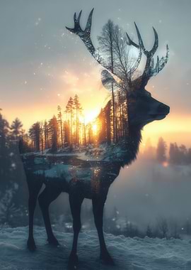 Winter Deer Double Exposure Landscape