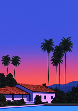 Vaporwave Sunset Villa With Retro 80s Dreamscape