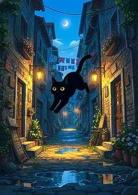 Black Cat Leaping Alleyway