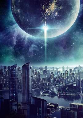 Futuristic Cityscape with Spacecraft and Planet