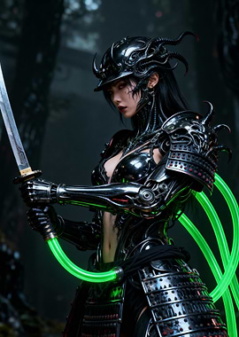 Cyberpunk Samurai Warrior with Glowing Tubes