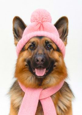 Cozy German Shepherd with Pink Hat and Scarf