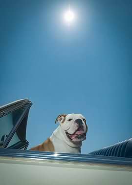 Bulldog in Convertible under Sunny Sky