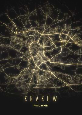 Krakow, Poland - Illuminated Night City Map Poster, Modern Urban Wall Art
