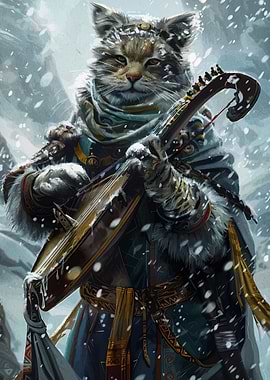 Anthropomorphic Cat Musician in Snowy Landscape