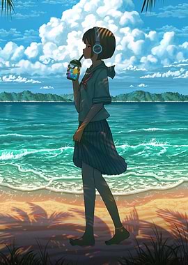 Anime Girl on Beach with Drink