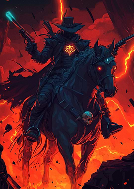 Dark Cowboy Rider Fiery Landscape