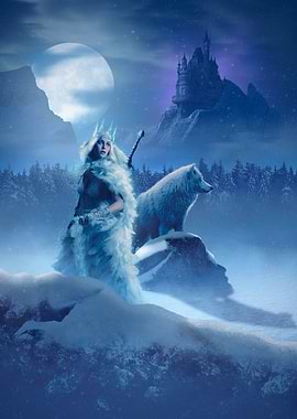 Winter’s Queen — Dark Fantasy Ice Sovereign with White Wolf Artwork