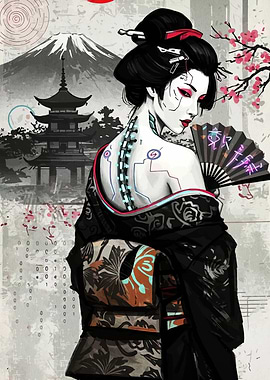 Cyberpunk Geisha with Mount Fuji
