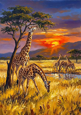 Giraffes at Sunset Painting