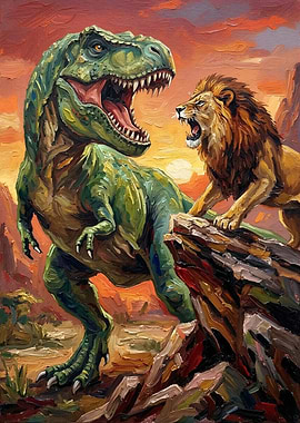 T-Rex versus Lion Painting