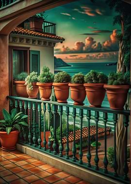 Balcony with potted plants overlooking ocean