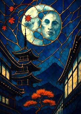 Abstract Fantasy #133 - Japanese Pagoda and Moon Stained Glass