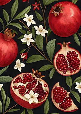 Pomegranate and Flowers Pattern on Black