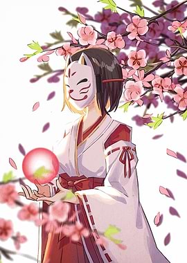 Anime Girl with Kitsune Mask