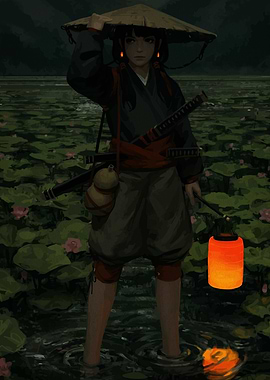 Warrior in Lotus Pond with Lantern