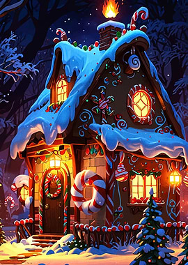 Festive Gingerbread House in Winter Night
