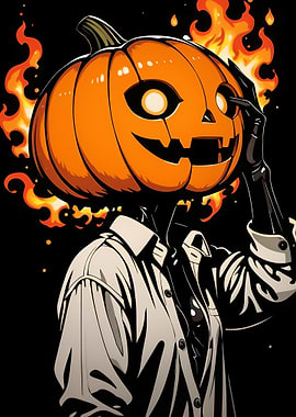 Pumpkin Head Figure with Flames