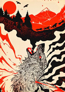Wolf Howling in Red and Black Landscape