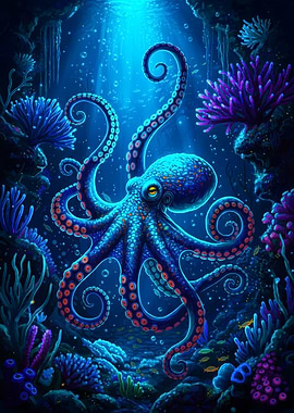 Underwater Octopus with Coral Reef