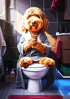 Dog in Robe on Toilet