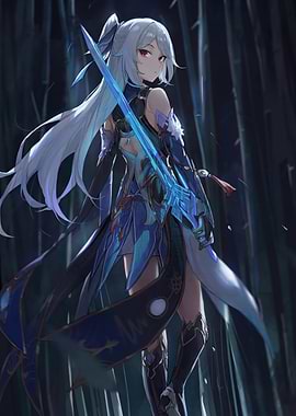 Anime Girl with Sword in Bamboo Forest