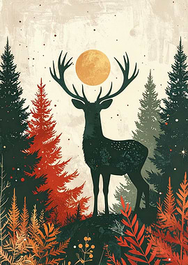 Deer in Forest with Moon