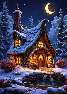 Whimsical Winter Cottage Under Crescent Moon