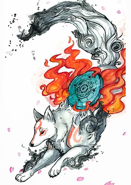 Okami Amaterasu Watercolor Illustration