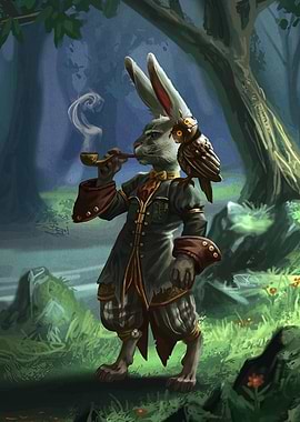 Anthropomorphic Rabbit with Pipe and Owl