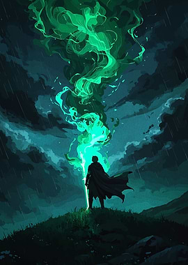 Mystical Figure with Glowing Sword