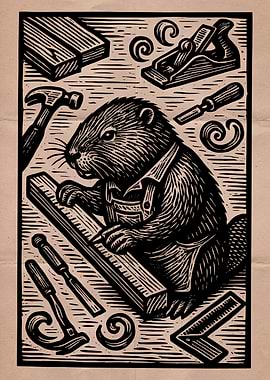 Beaver Carpenter Woodcut Illustration