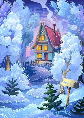 Winter House in Snowy Landscape