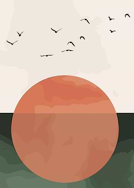 Minimalist Sunset with Birds Illustration