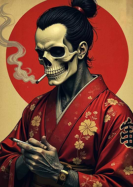 Samurai Skeleton Smoking Portrait