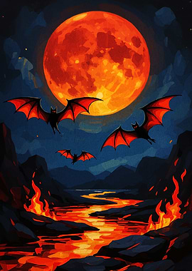 Bats Flying Under Blood Moon