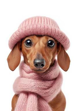 Cozy Dachshund with Pink Hat and Scarf