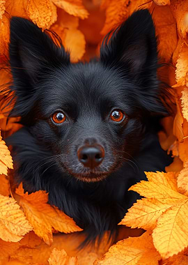 Black Dog Portrait in Autumn Leaves