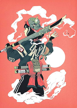 Cyberpunk Warrior with Oni Mask