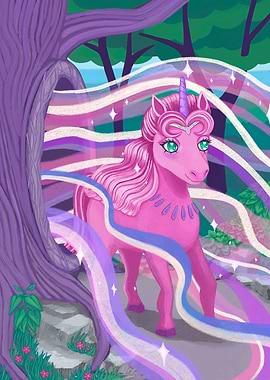 Pink Unicorn in Magical Forest